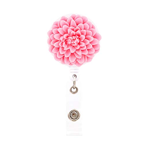 Ascrafter Resin Pink Chrysanthemum Retractable Name Card Badge Holder with Alligator Clip, ID Badge Reel Clip On Card Holders