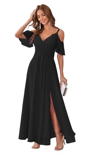 Stylefun Women's Cold Shoulder Chiffon Bridesmaids Dresses 2025 with Slit Long Formal Party Dress for Junior CYM058