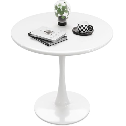 Recximi White Round Dining Table for 2 Person, 24 Inch Small Tulip Table with Metal Pedestal for Living Room, Mid Century Modern Kitchen Table for Kitchen, Office, Pub, Bar, Bistro, Circle Cafe Tables