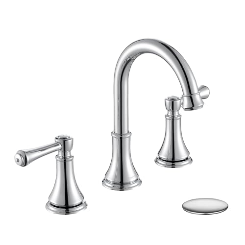Chrome Two Handle 8 inch Widespread Bathroom Sink Faucet 3 Holes with Pop-Up Drain, High Arc Modern Bathroom Vanity Faucet with Brass 360° Swivel Spout,TAF830Y-CP