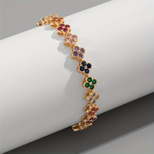 Rainbow & Clover Zircon Unisex Bracelet, Crystal Flower Design, Fashion-Forward Accessory4