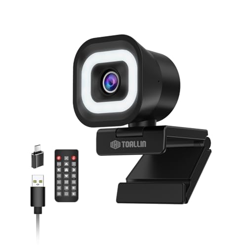TOALLIN Webcam 4K avec Anneau Lumineux, télécommande, Autofocus PDAF, 12 Millions de Pixels, Double Micro intégré, Zoom numérique 5X, Webcam pour...