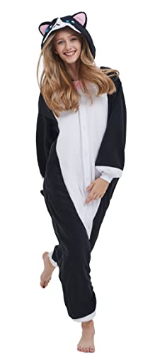 DELEY Unisexo Adulto Animal Disfraz Gato Enterizo de Pijamas Halloween Carnaval Ropa de Dormir con Capucha L