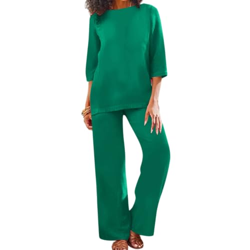 Epanus Women's Emerald Green Linen 2 Piece Outfit, 3/4 Sleeve