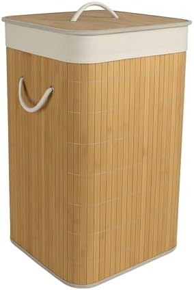 Cesto de Bambu Ecológico para Lavanderia com Tampa e Alças de Fib...
