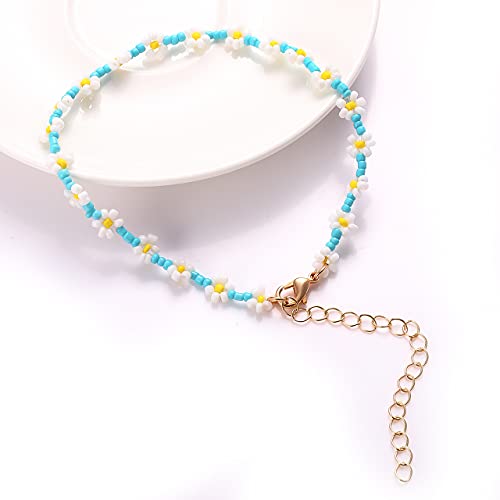 Image of Beaded Anklets for Women Boho Cute Daisy Flower Bead Ankle Bracelets Handmade Waterproof Surfer Anklet Summer Beach Foot Jewelry for Women