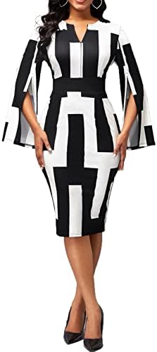 Sexy Dresses for Women Elegant V Neck Long Split Sleeve Bodycon Pencil Business Church Dress for Work with Zipper