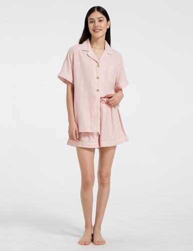 Image of Womens Muslin Pajama Sets 100% Cotton Double Gauze Linen Like Short Pjs | Breathable Soft Comfort Button Up Loungewear Sleepwear PJ Set