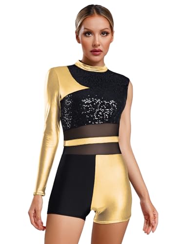 Justaucorps de gymnastique asymétrique pour femme avec shorty et paillettes