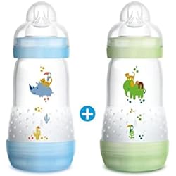 Esterilizadora De Biberones MAM - Kit de 2 biberones de plástico, 260 ml, color azul (5442889), Instrucciones en Lengua Extranjera