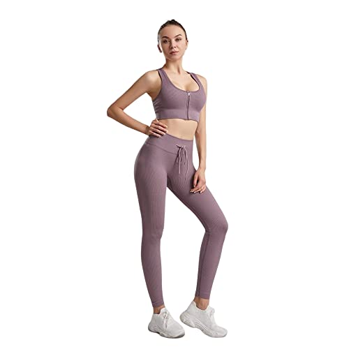 Conjunto de entrenamiento para mujer de 2 piezas acanalado sin costuras BaronHong morado talla L