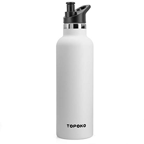 TOPOKO 25 OZ Hydro Double Wall Flask Stainless Steel Water Bottle, Bite Valve Top, Vacuum Insulated, Sweat Proof, Leak Proof Sports Thermos. Standard Mouth 25oz, BPA-Free, Keep Cold 24 Hours (White)