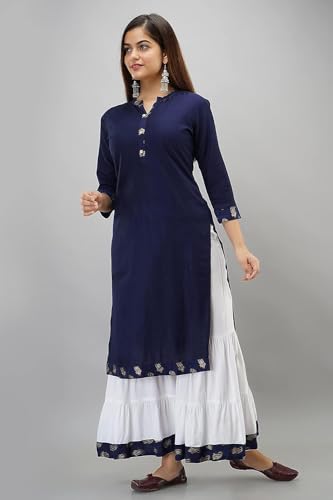 Image of Women Rayon Straight Golden Foil Printed Kurta with Palazzo || Kurti with Palazzo Set for Casual Party & Festival Wear in Round Neck with 3 /4 Sleeve for Girls