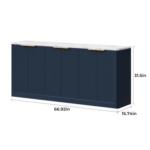 Image of Evermagin 67 inch Fluted Blue Buffet Cabinet Sideboard with Storage, Large Credenza with 6 Doors, Wood Mid Century Modern Sideboard for Kitchen and Living Room (67 inch*31.5 inch*15.7 inch)