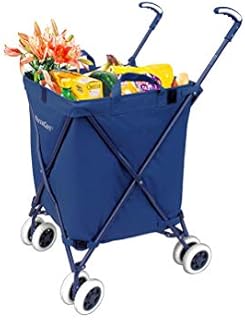 VersaCart Transit -The Original Patented Folding Shopping and Utility Cart, Water-Resistant Heavy-Duty Canvas with Cover, Double Front Swivel Wheels, Compact Folding, Transport Up to 120 Pounds, Blue