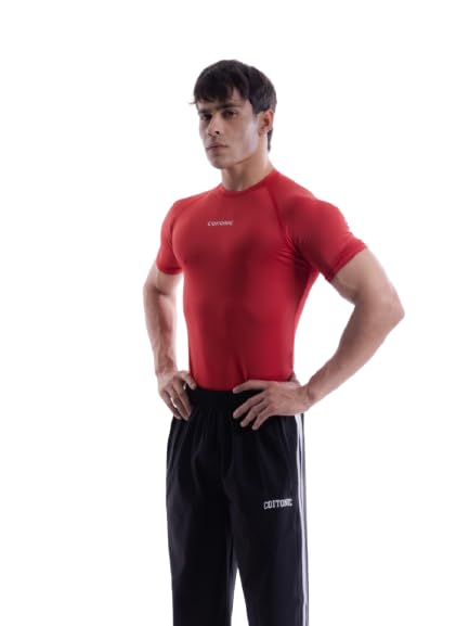 Image of COITONIC Men Compression Half Sleeves Round Neck T-Shirt for Gym and Sports Wear Red