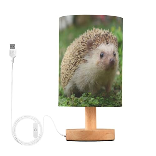 YYZZH Table Lamp Cute Hedgehog Baby Animal in Green Grass Nightstand Lamp with Wood Base Fabric Lamp Shade Bedside Desk Lamp for Living Room Bedroom Kids Room Office