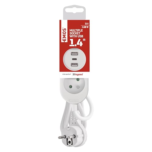 EMOS - Prise multiple 2 prises avec 3 ports USB (1x USB-C, 2x USB-A), câble 1,4 m, compatible montage mural - IP20 intérieur - blanc
