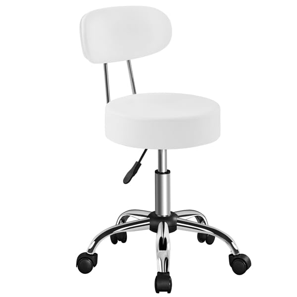 Yaheetech Taburete Giratorio Taburete con Ruedas y Respaldo con Altura Regulable 75.5-85 cm Asiento Tapizado de Polipiel Sintético para Oficina Dormitorio Blanco