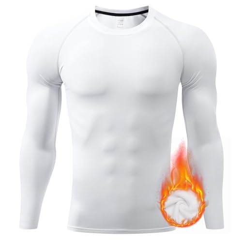 Thermal Shirts for Men Long Sleeve Fleece Cycling Ski Base Layer Men Cold Weather Compression Shirts for Men Running Hiking Hunting Thermals Underwear Tops,Quick Dry Moisture Wicking 3235 White M