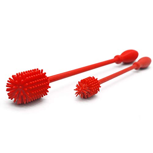 Exclusive Discount 80% Offer Silicone Bottle Brush 15" Long Handle [Set of 2] for Cleaning Baby Bottles, Hydro Flasks, Sports Water Bottles, Vases, Narrow Neck Glassware - 15" and 9.5" Bottle Cleaning Brush (Red) (5 Colors)