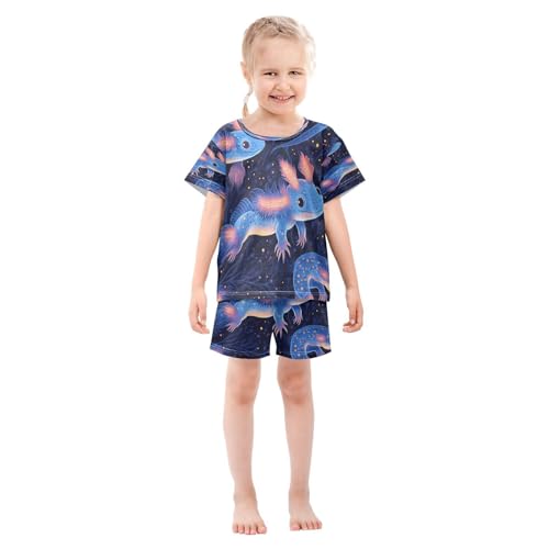 Pajama Sets Short Sleeve Glowing Axolotl Pattern Prints Soft Cotton Summer Sleepwear 2 Piece PJS Size 5-14T4