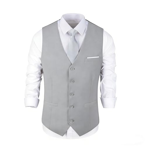 Bakerbear Men's Formal Vest - Light Gray Dress Suit Waistcoat Tuxedo Vest - Slim Fit - Business Wedding Outfit - Size XL