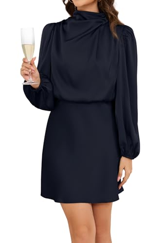 ZTMZA Women's 2025 Fall Long Sleeve Satin Short Dress Elegant Mock Neck Formal Wedding Guest Cocktail Party Mini Dresses Navy Blue, Medium