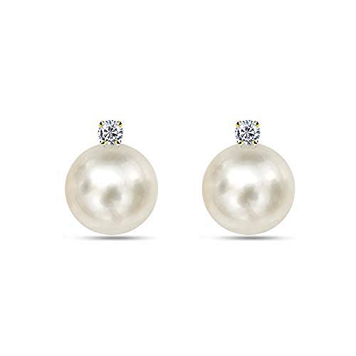 Freshwater Cultured White Pearl Diamond Earrings 14K Yellow Gold Studs 1/50 CTTW 7-7.5mm3