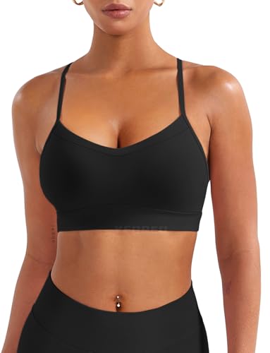 YEOREO Luciny Workout Y Back Sports Bras for Women Spaghetti Straps Racerback Padded V Neck Medium Impact Gym Bra Yoga Top