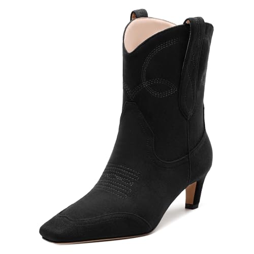 WAYDERNS Women's Cowboy Ankle Boots Western Low Kitten Heel Square Toe 2 Inch Short Booties Comfortable Casual Prom Party Pull on Fall Winter Shoes
