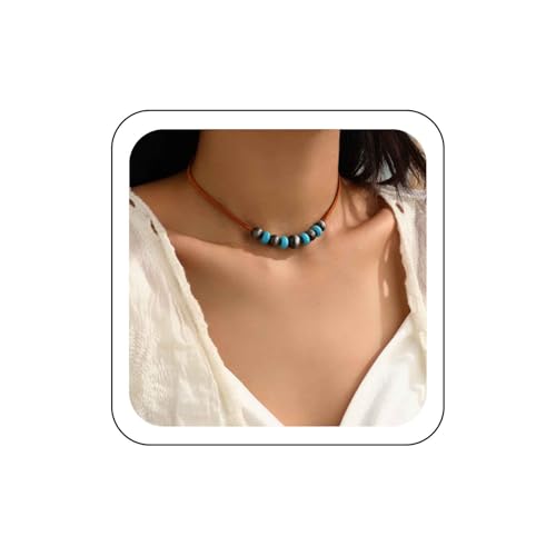 Wendalern Boho Bolas Redondas Turquesa Collar De Cordón De Cuero De Imitación De Perlas Ante Marrón Gargantilla Étnica Mala Cuentas De Cuero Joyería Hippie Para Las Mujeres