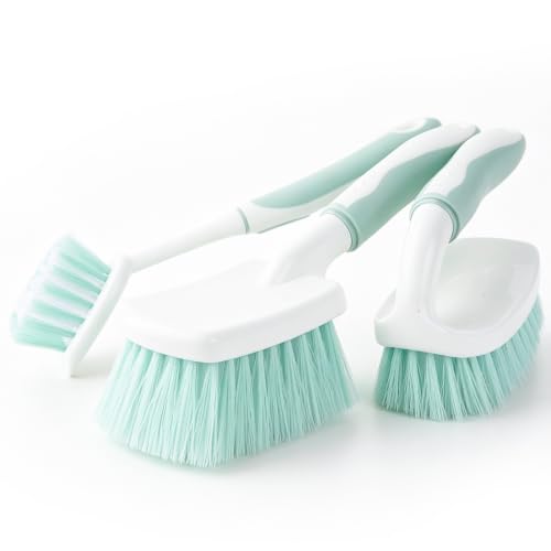 Image of 3 Pack Bathroom Scrub Brush Set, Heavy-Duty Scrub Brushes for Cleaning | Green Scrubbing Brush with Non-Slip Handle and Stiff Bristles for Cleaning Floor, Bathtub, Tub, Tile, Gap, Kitchen, Sink