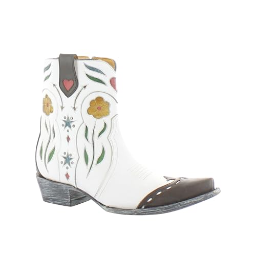 Old Gringo Rosemary Western Boots, White with Yellow Floral Embroidery, Leather, Side Zipper, Pointed Toe, Ankle-High Cowboy Style4