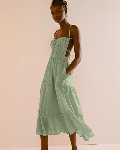 Image of VIUTIL Flowy Maxi Dress for Women Summer Cotton Backless Beach Long Dress with Pockets 2026