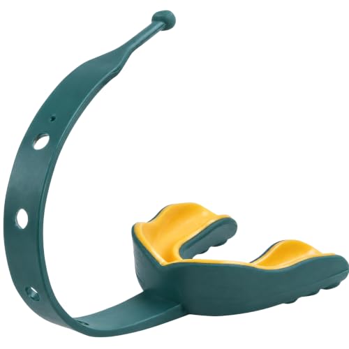 Oral Mart Strapped Mouth Guard for Adults (Green/Yellow) - Sports Mouthguard with Connected Strap for Football, Ice Hockey, Lacrosse, Taekwondo