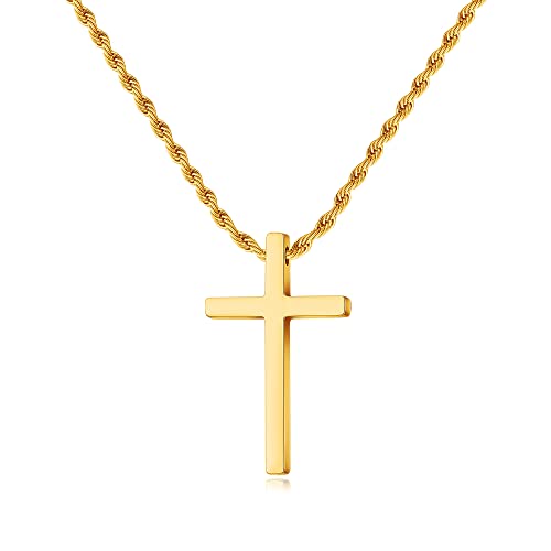 LUXEJEW Cross Necklace for Men Boys, Silver/Gold/Black Stainless Steel Rope Chain Cross Pendant Necklace Jewelry Mens Gifts 16-24 Inch