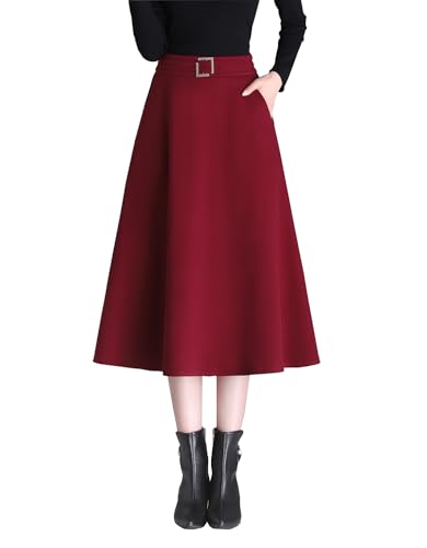 Womens Vintage High Waist Wool Long Skirt A-line Fall/Winter Classic Solid Color Midi Skirt