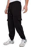 Men's Cargo Fleece Joggers – 290GSM Heavyweight Fabric Trousers, Elastic Waist, Drawstring & Ribbed Cuffs – Soft Cotton Blend Casual Sweatpants with Side Cargo Pockets Bottoms (Black, Large)