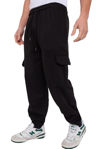 Men's Cargo Fleece Joggers – 290GSM Heavyweight Fabric Trousers, Elastic Waist, Drawstring & Ribbed Cuffs – Soft Cotton Blend Casual Sweatpants with Side Cargo Pockets Bottoms (Black, Medium)