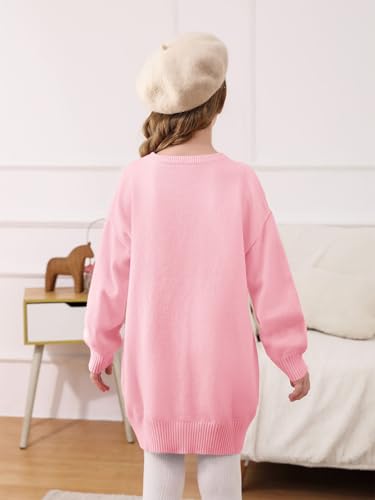 Image of Haloumoning Girls Sweater Dress Casual Crewneck Knit Long Sleeve Fall Winter Dress Pullover 5-14Y Pink