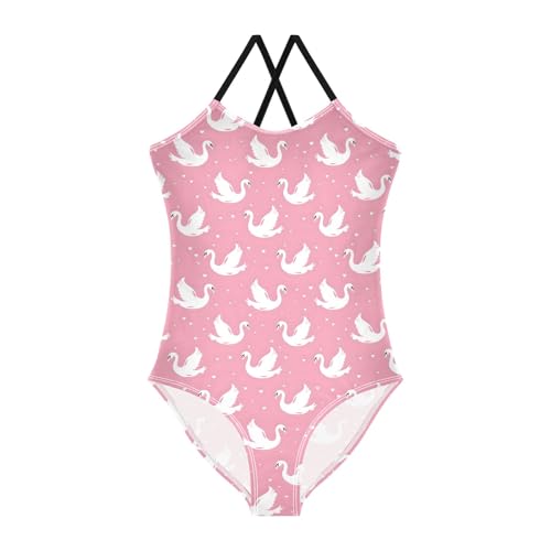senya Girls Swimsuits One-Piece Swimwear Tie Bathing Suit Beach Summer Round Neck 5-6T Pink Swans and Hearts Pattern