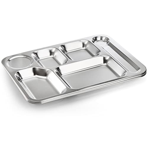 Fasmov 4 Pack Stainless Steel Rectangular Divided Dinner Tray, 6 Sections 304 Stainless Steel Metal Plate For Adults, Picky Eaters, Campers, And Portion Control #TOP2
