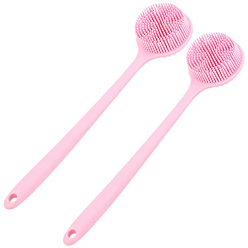 2 Pcs Silicone Back Scrubber Shower Bath Brush Body Exfoliating for Women and Men, Long Handle, Pink