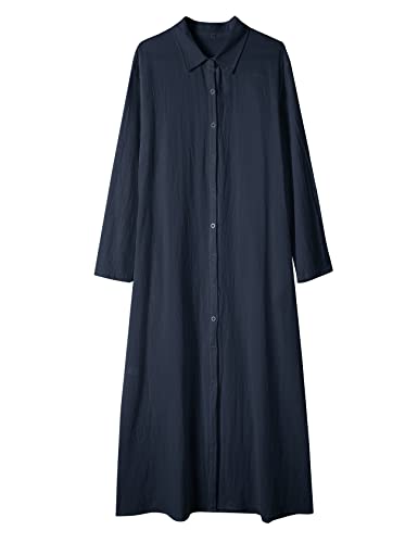 Image of Ladyful Women's Cotton Linen Maxi Dress Summer Long Sleeve Shirt Dress | Button down, Collared, Pockets, Solid color /Striped, Summer Caftans for women, Plus size, Cotton maxi dress for Party, Beach