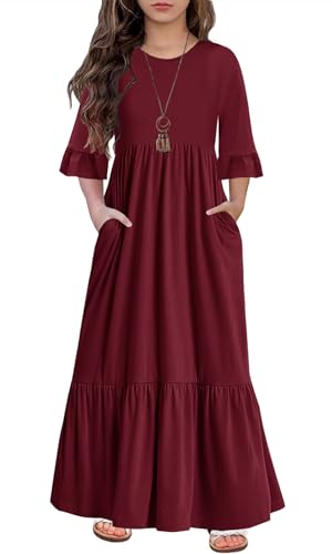 HOSIKA Girls Maxi Dress Crew Neck A-line Loose Flowy Tiered Holiday Casual Dresses with Pockets for 6-12 Y