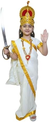Kaku Fancy Dresses Silk, Polyester Parvati Mata Costume Kids Fancy Dress for Religious Events School Plays Cultural Performances - Cream/Golden, 7-8 YEARS, Girl