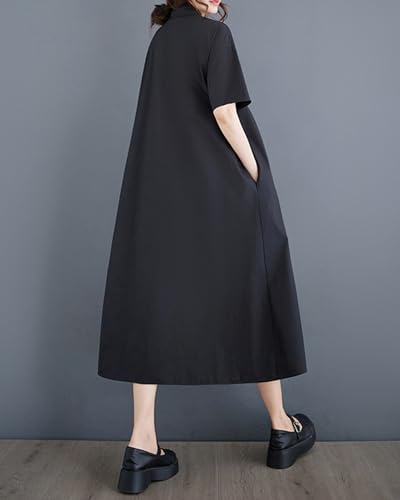 ellazhu Women's Dress Loose Color Block Short Sleeve Button Down Mock Neck Shirt Dots Flower GZ2114