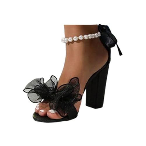 Women's Open Toe Block Heeled Sandals Chunky High Heels with Gauze Bow, Ankle Pearl Strap & Bow Strap for Party Wedding