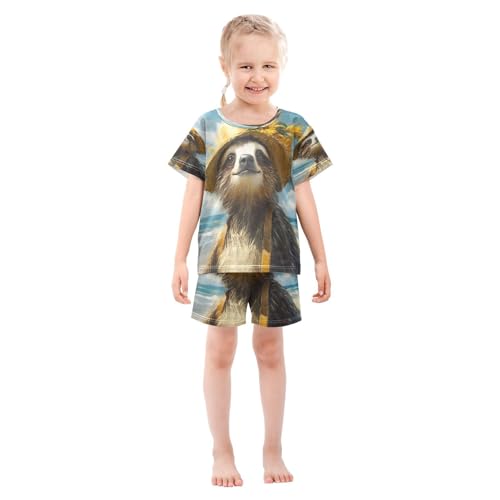 ALAZA Cute Sloth Ocean Beach Pajamas Set Short Sleeve Cotton Sleepwear Summer Pjs 2 Piece 5-14Y3